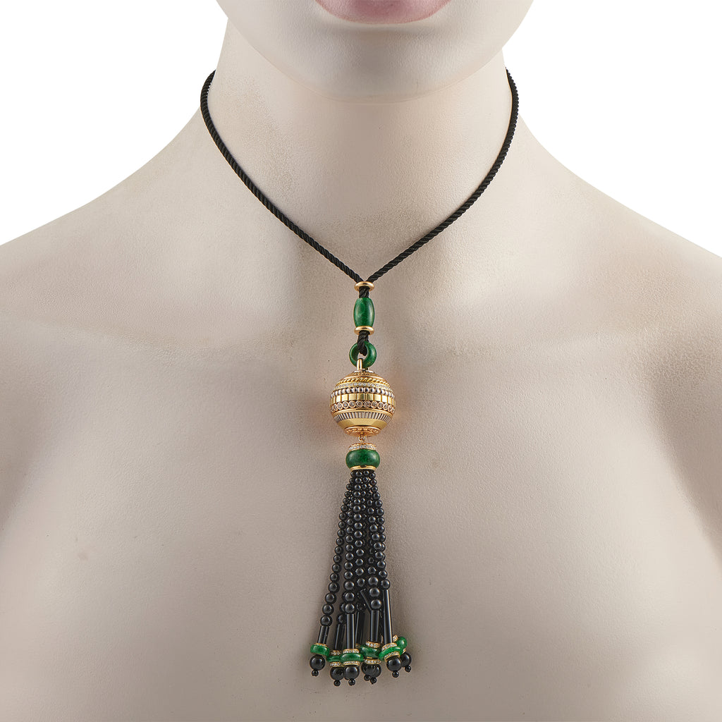 Cicada 18K Yellow Gold 2.75ct Diamond, Jade, and Onyx Tassel Pendant