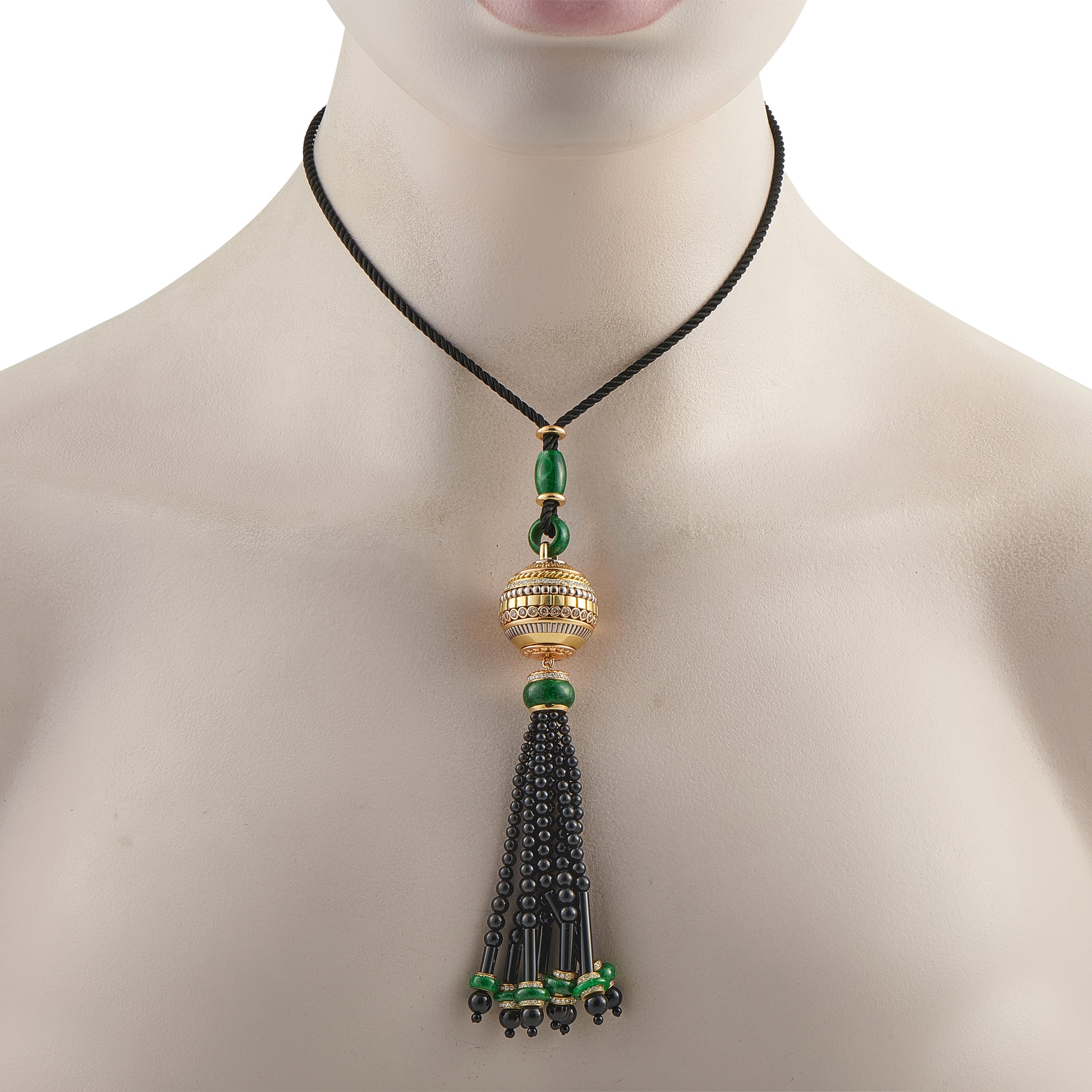 Cicada 18K Yellow Gold 2.75ct Diamond, Jade, and Onyx Tassel Pendant
