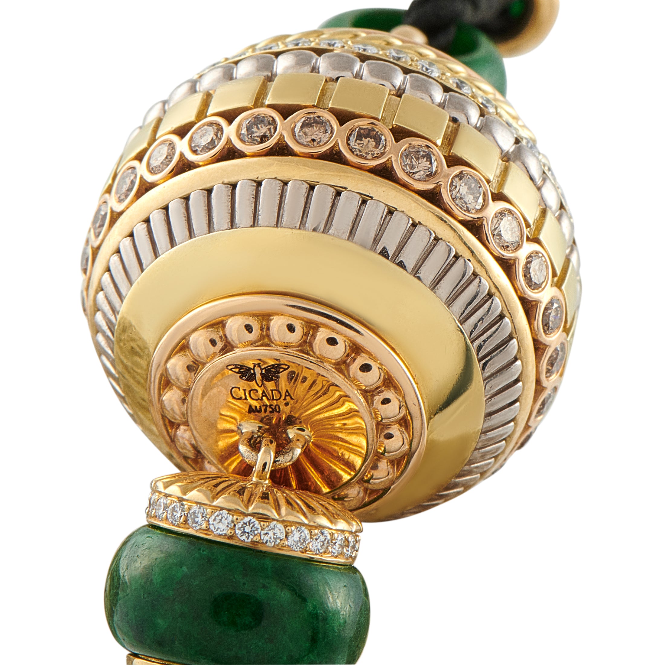 Cicada 18K Yellow Gold 2.75ct Diamond, Jade, and Onyx Tassel Pendant