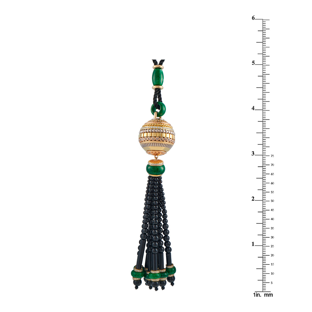 Cicada 18K Yellow Gold 2.75ct Diamond, Jade, and Onyx Tassel Pendant
