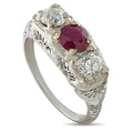Ciner 18K white gold art deco ring with oval ruby center and diamond accents
