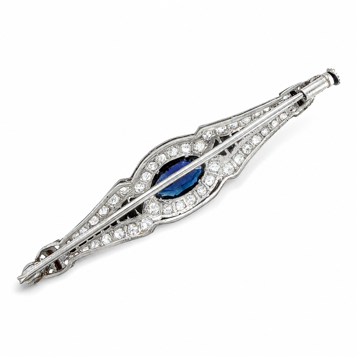 Art Deco sapphire and diamond platinum brooch, underside view