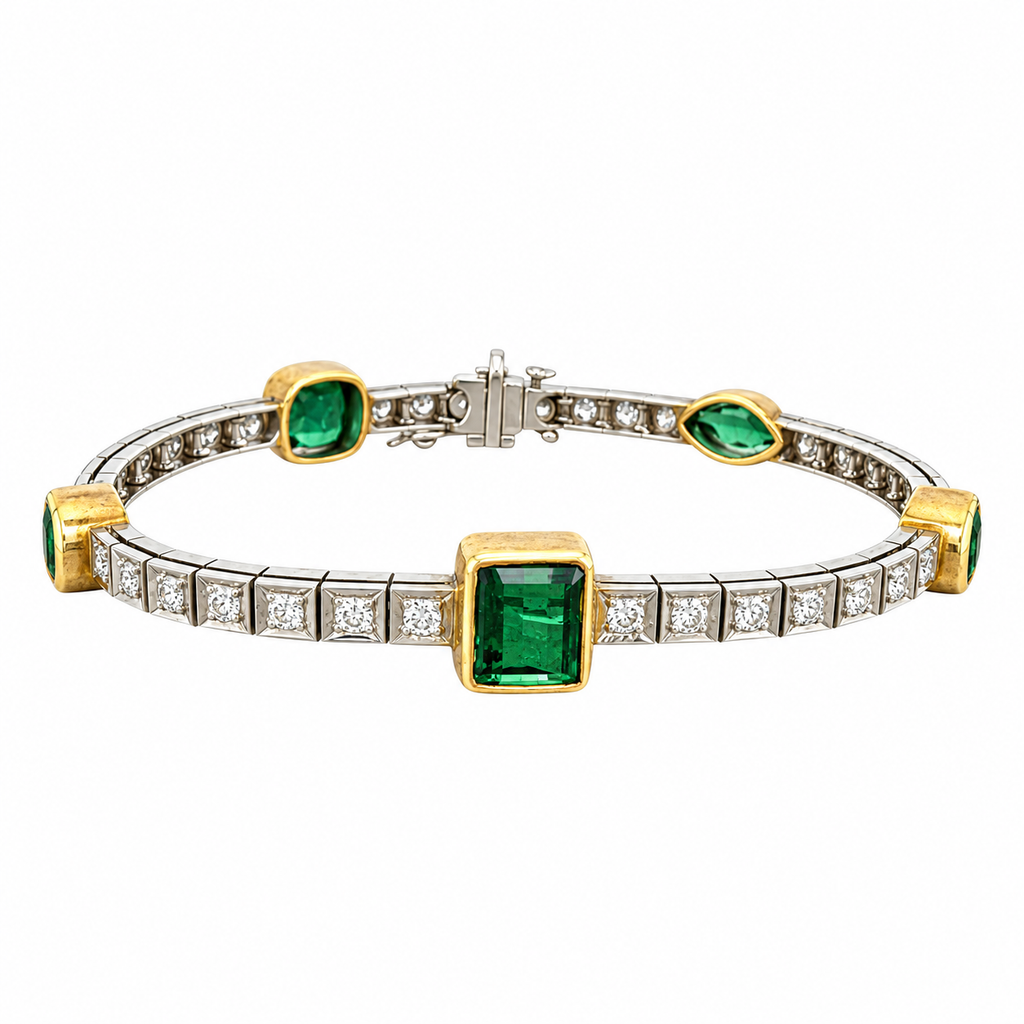 White gold peridot diamond bracelet with emerald-cut green stones in gold frames