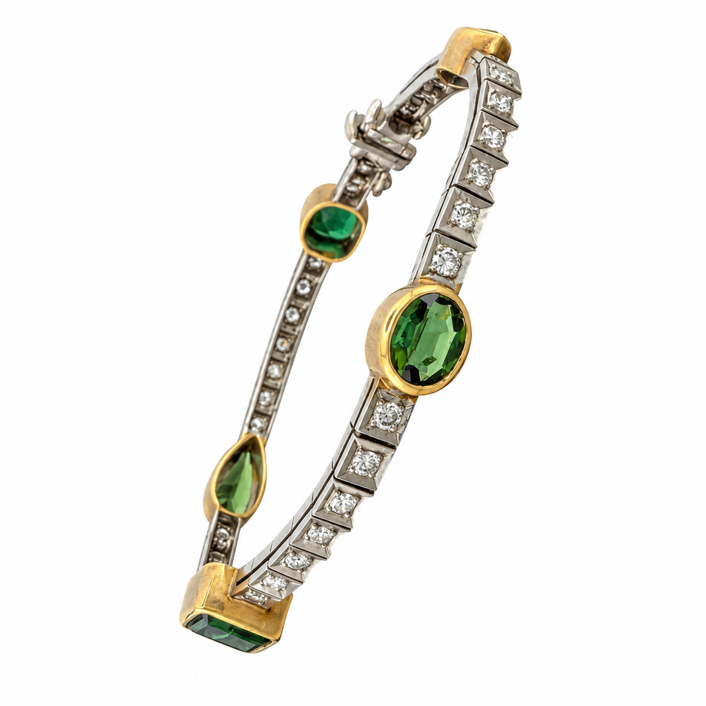 White gold peridot and diamond bracelet with emerald-cut green stones and prong settings