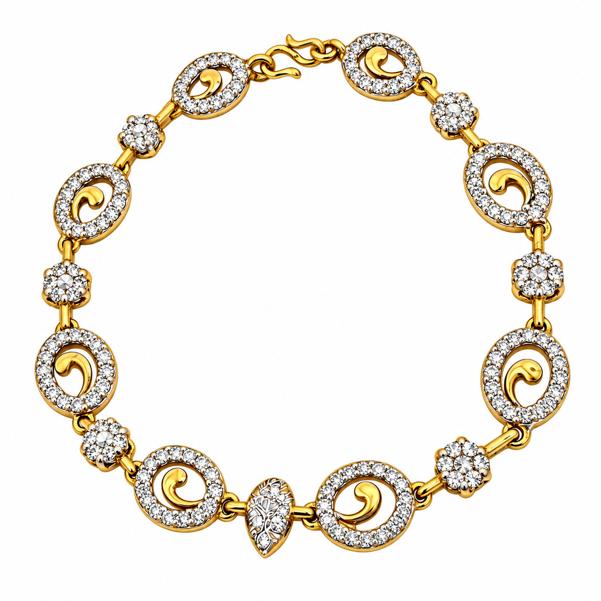 14K yellow gold diamond oval link bracelet with sparkling round stones and oval links