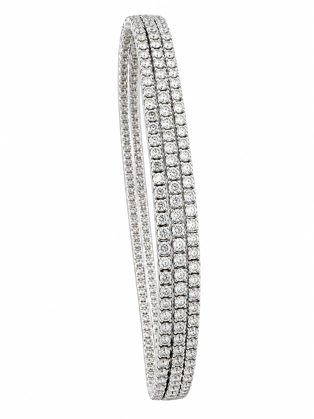 Triple-row diamond bangle bracelet with pave settings and rounded edges.