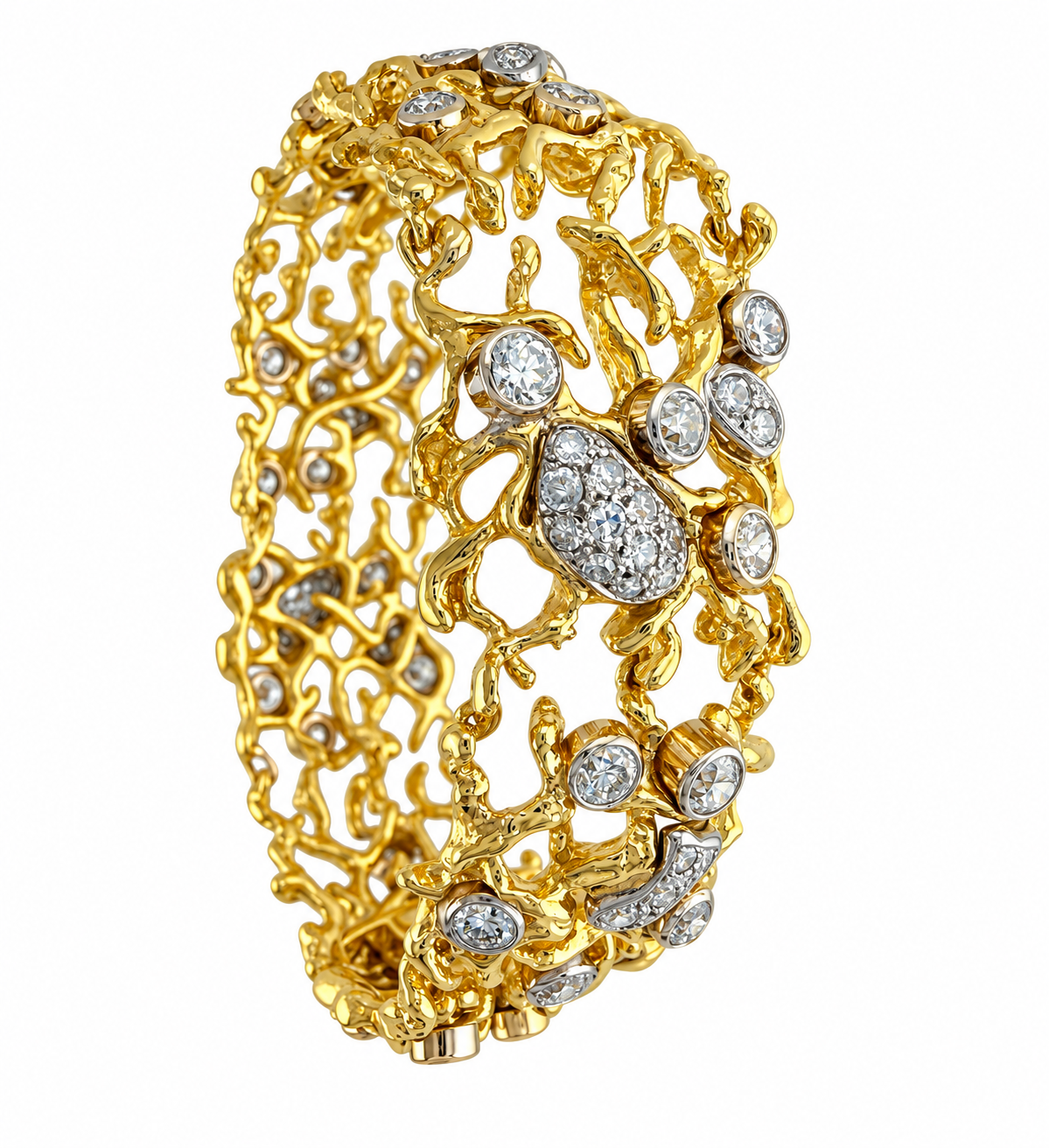 18K yellow gold diamond tree-branch bracelet with round pave stones