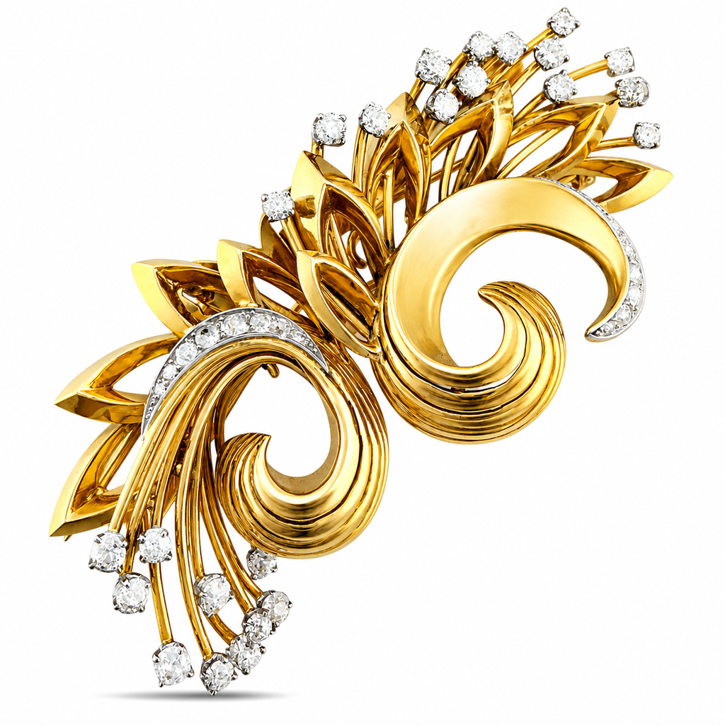 18K yellow gold diamond brooch with swirling leaf-like design and prong-set stones