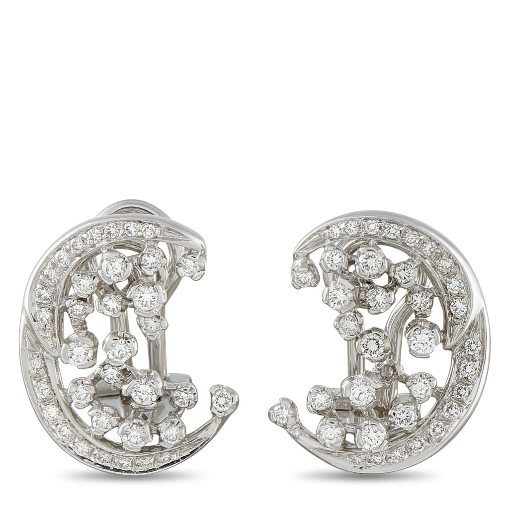 18K white gold diamond hoop earrings with round brilliant stones, scalloped edge