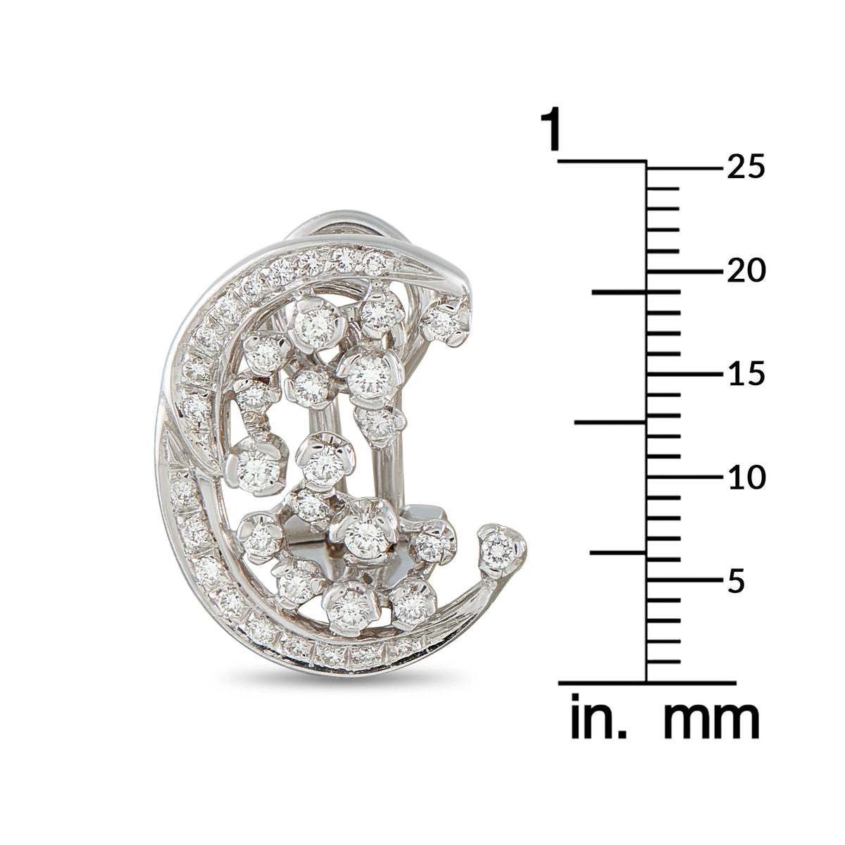 Diamond hoop earring with clustered round stones shown next to size scale (mm)