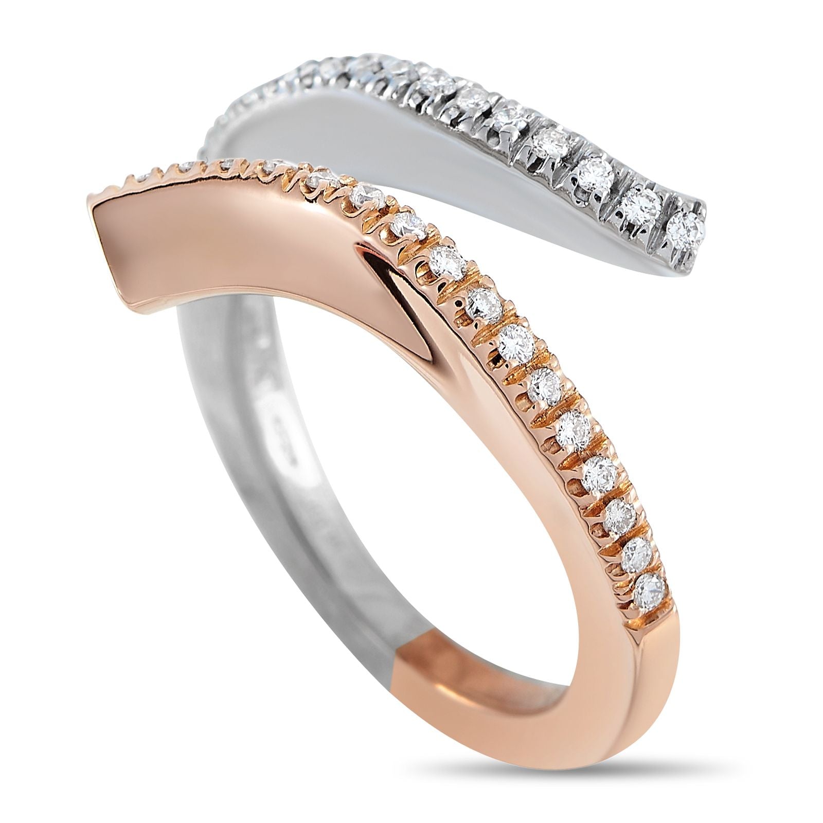 Damiani18K White and Rose Gold Diamond Bypass Ring - This Damiani bypass ring is full of beautiful contrast. The curved design adds style and sophistication to the two-toned 18K