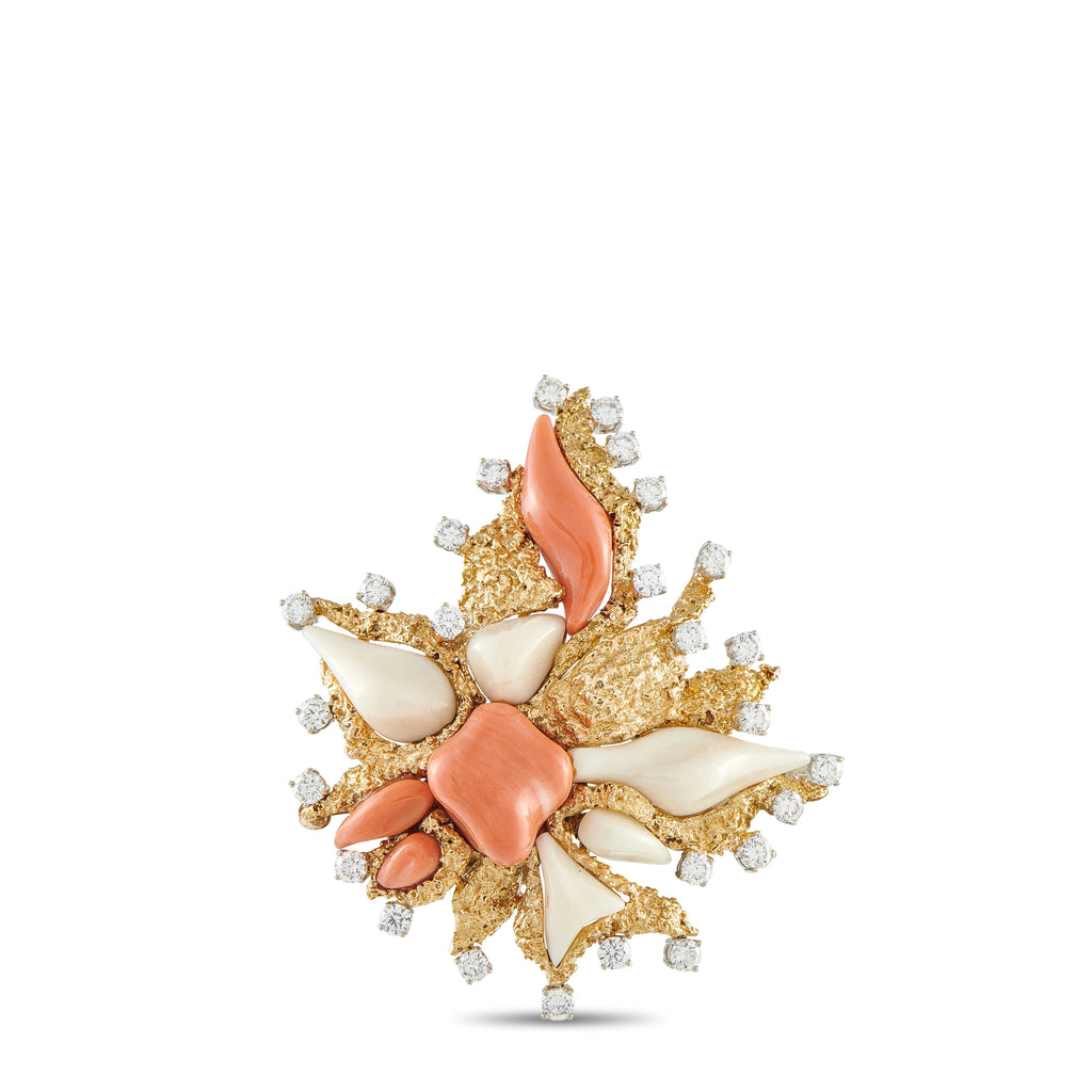 David Webb gold, diamond and coral brooch with sculpted coral and ivory-toned accents