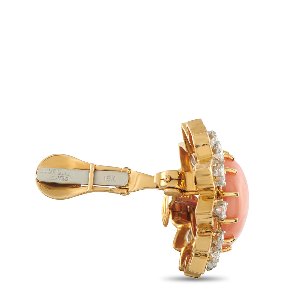 David Webb 18K Yellow Gold 3.40ct Diamond and Coral Clip-On Earrings