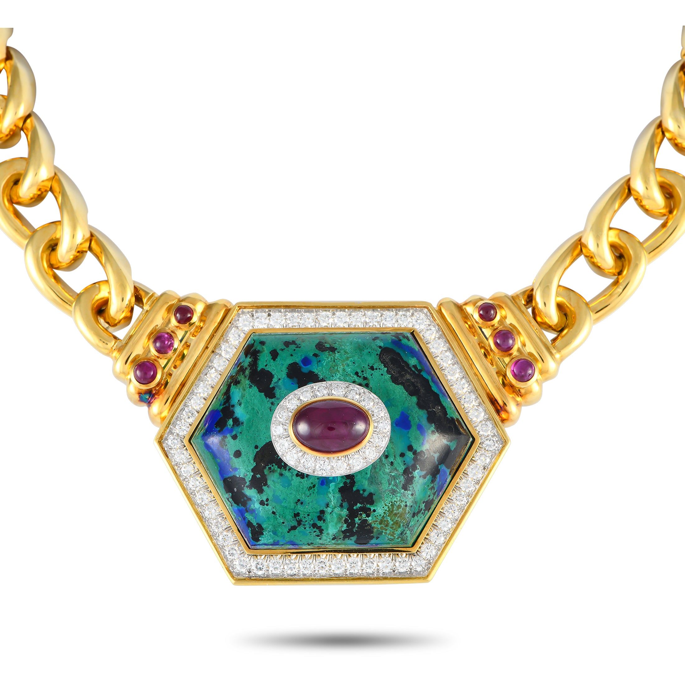 David Webb 18K Yellow Gold 2.0ct Diamond, Azurmalachite, and Ruby Statement Necklace – Showstopper