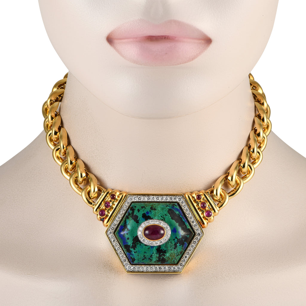 David Webb 18K Yellow Gold 2.0ct Diamond, Azurmalachite, and Ruby Statement Necklace