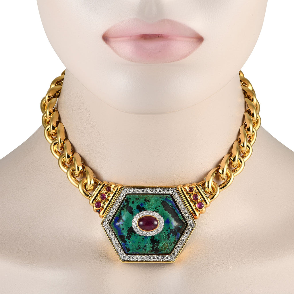 David Webb18K Yellow Gold 2.0ct Diamond, Azurmalachite, and Ruby Statement Necklace
