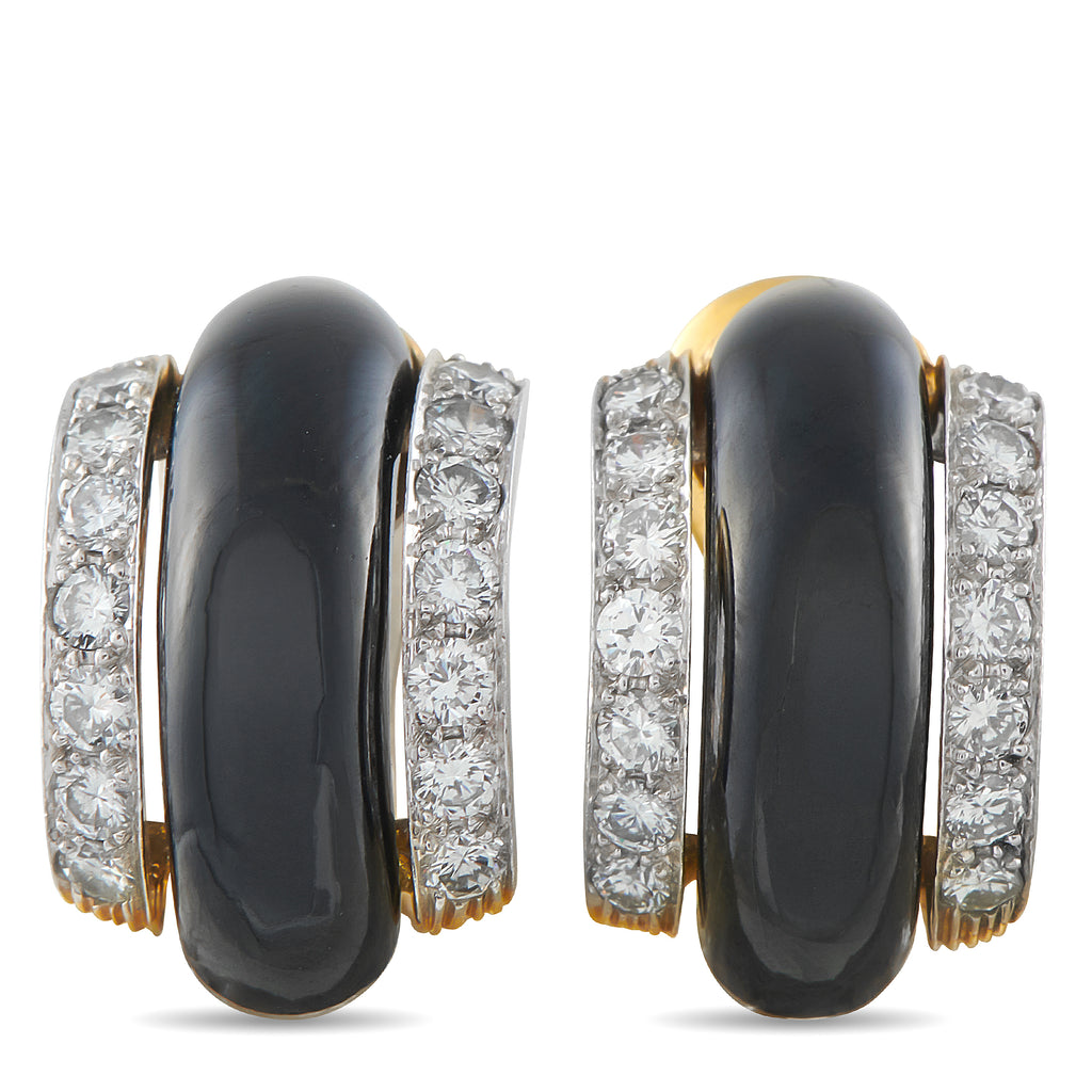 DAVID WEBB 18K Yellow Gold 1.68ct Diamond and Onyx Clip-On Earrings