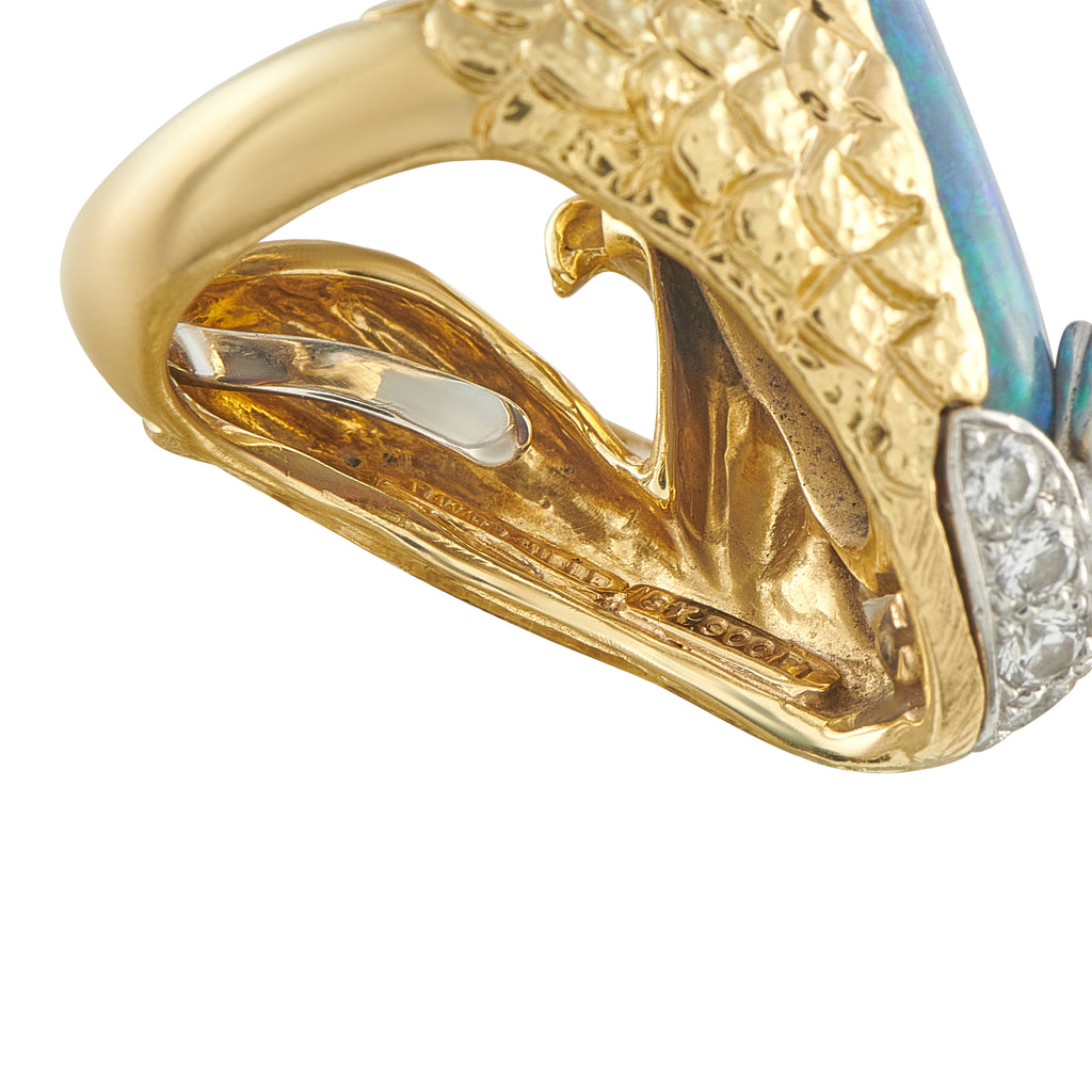 DAVID WEBB Vintage 18K Yellow Gold 4.32ct Diamond and Opal Fish Ring