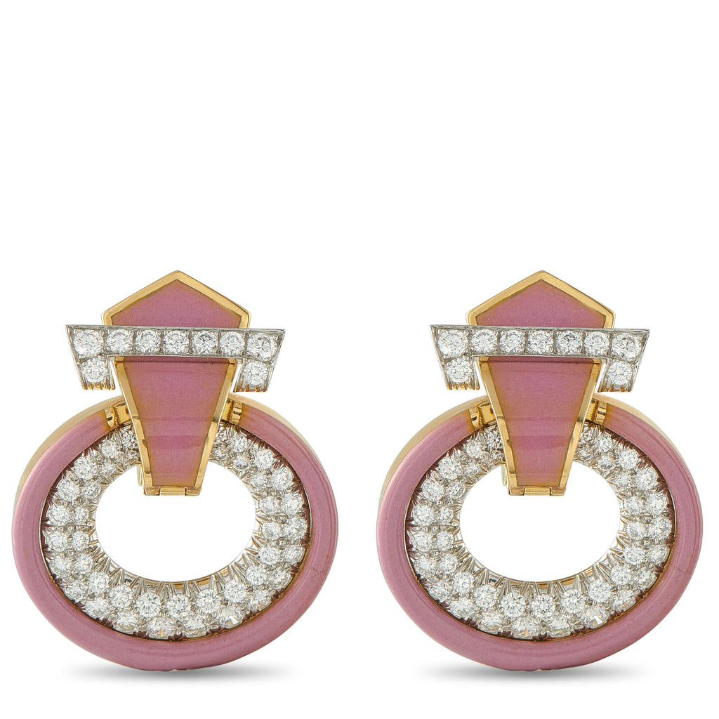 David Webb18K Yellow Gold 5.0ct Diamond and Pink Enamel Earrings – Add a stylish splash of color to any ensemble with these  