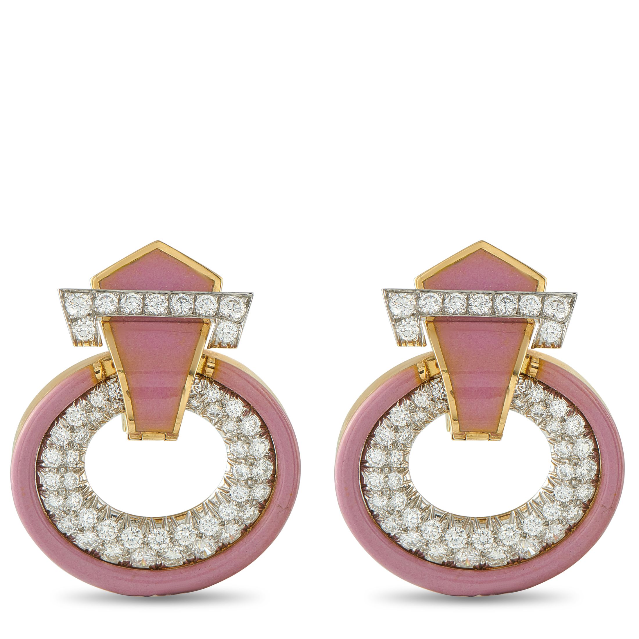 David Webb18K Yellow Gold 5.0ct Diamond and Pink Enamel Earrings – Add a stylish splash of color to any ensemble with these  