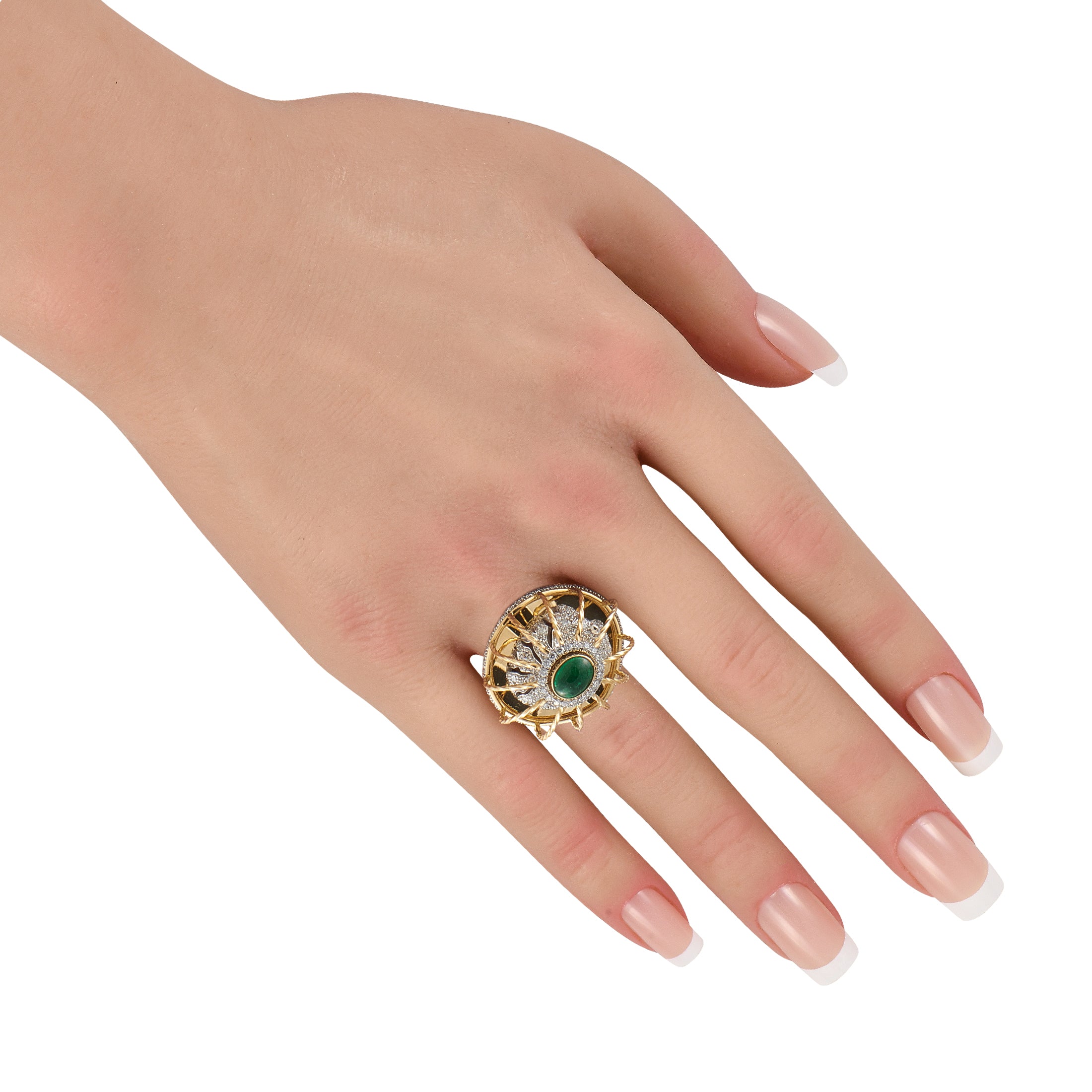 DAVID WEBB Platinum and 18K Yellow Gold Diamond and Emerald Cage Ring