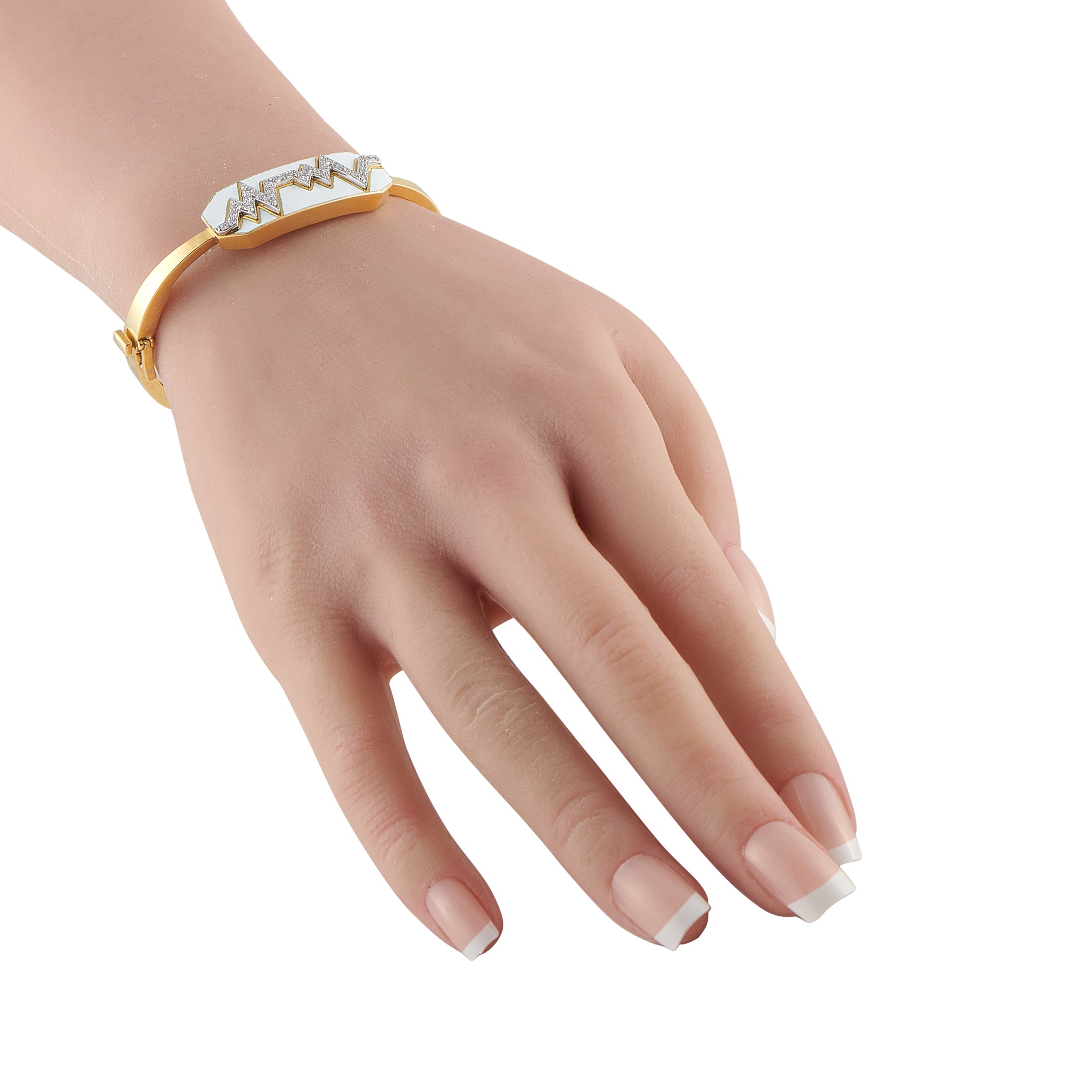 DAVID WEBB 18K Yellow Gold 0.34ct Diamond and White Enamel Skip Bracelet