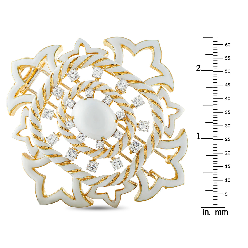 White enamel 18K yellow gold diamond brooch with round center; size scale shown