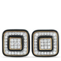 Square diamond stud earrings with black enamel frame and yellow gold border
