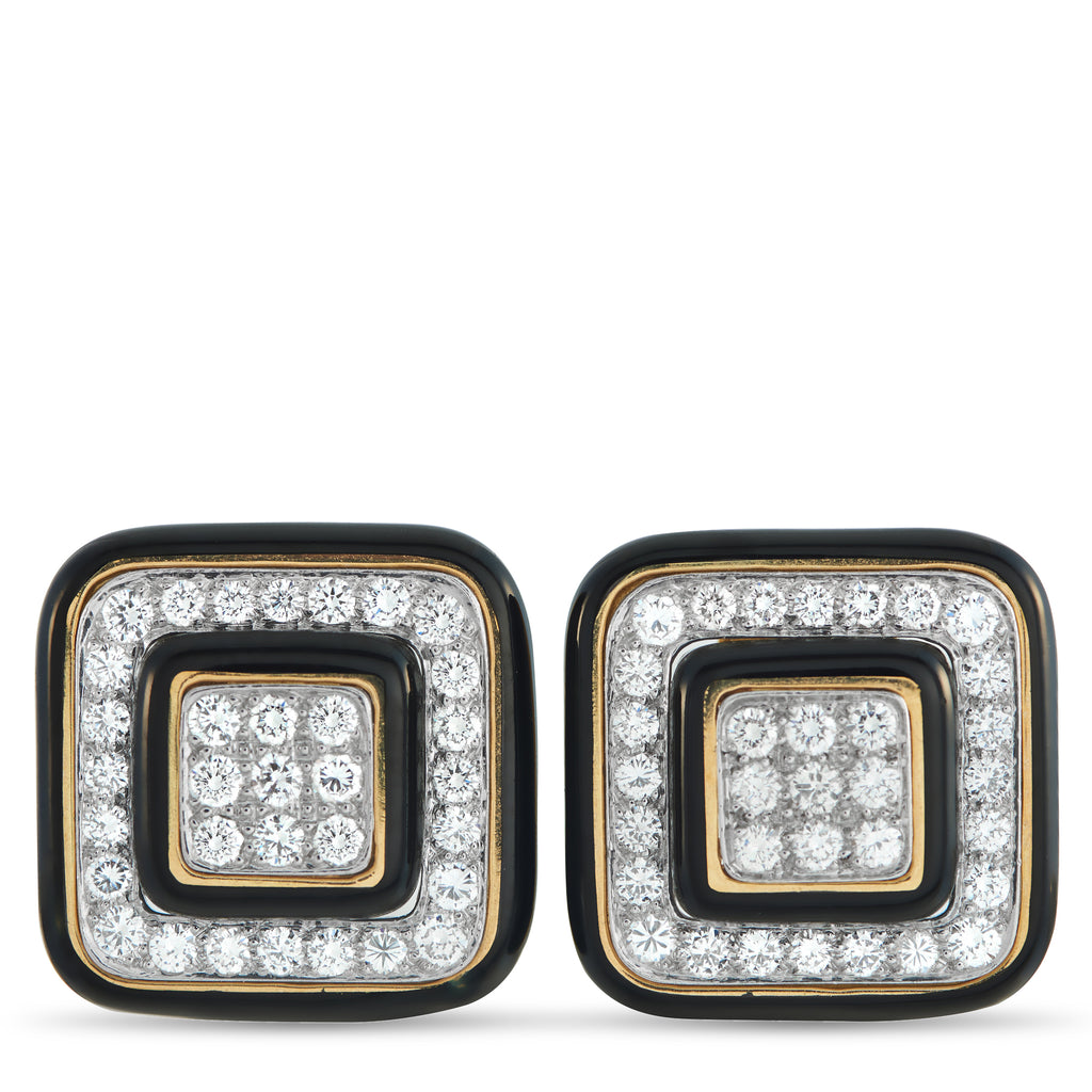 David WebbPlatinum and 18K Yellow Gold 3.30ct Diamond and Enamel Square Earrings