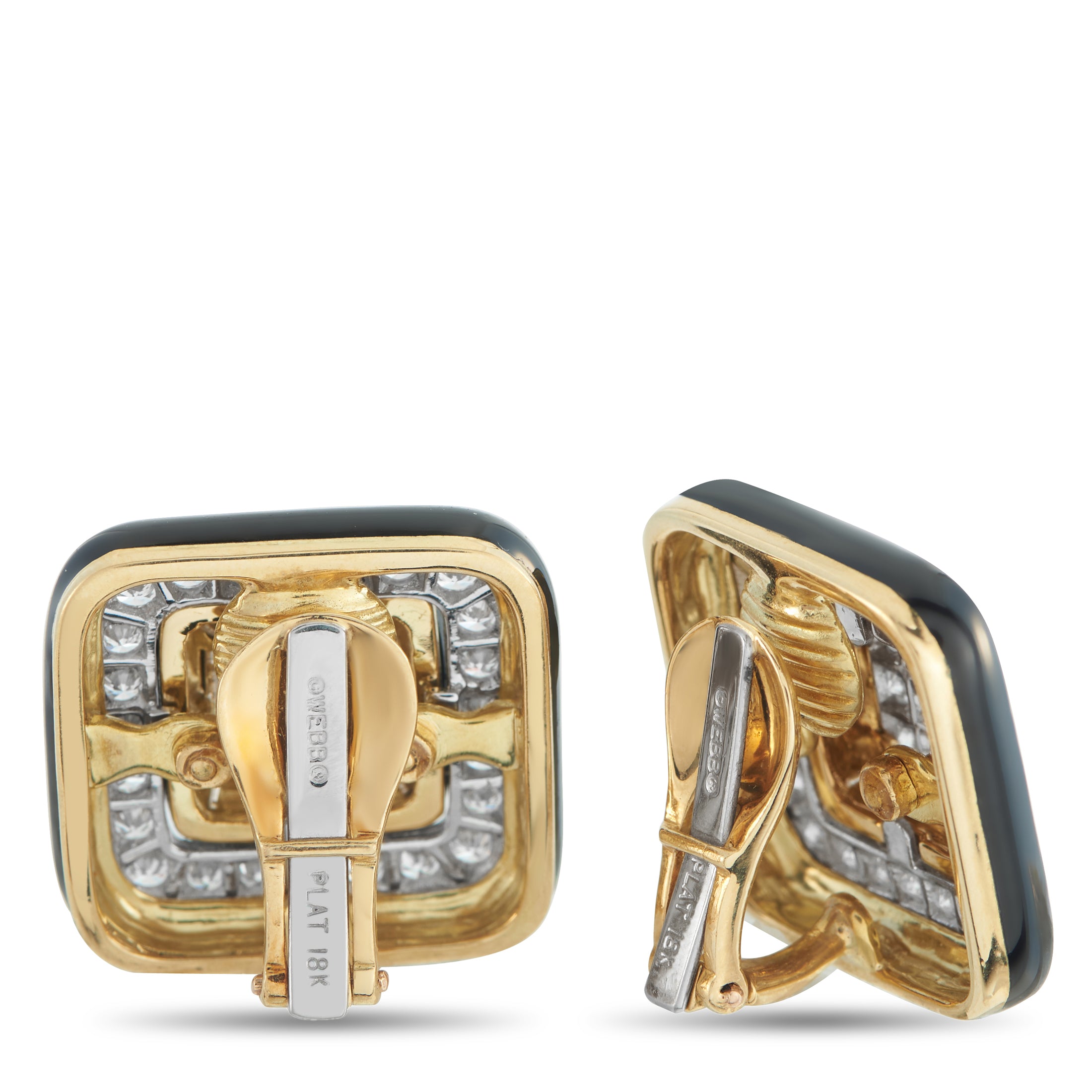 David WebbPlatinum and 18K Yellow Gold 3.30ct Diamond and Enamel Square Earrings