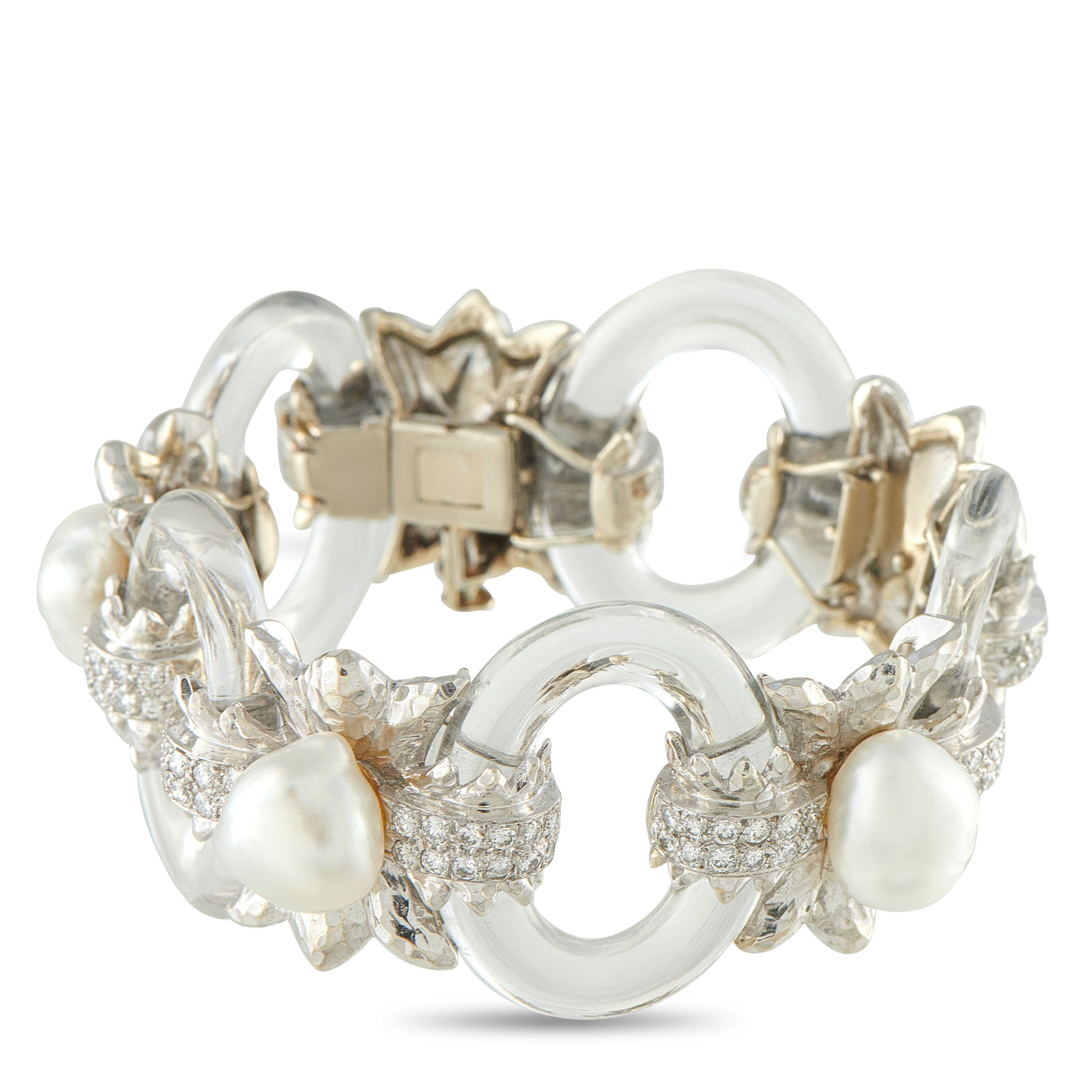 DAVID WEBB 18K White Gold and Platinum Rock Crystal and Pearl Bracelet