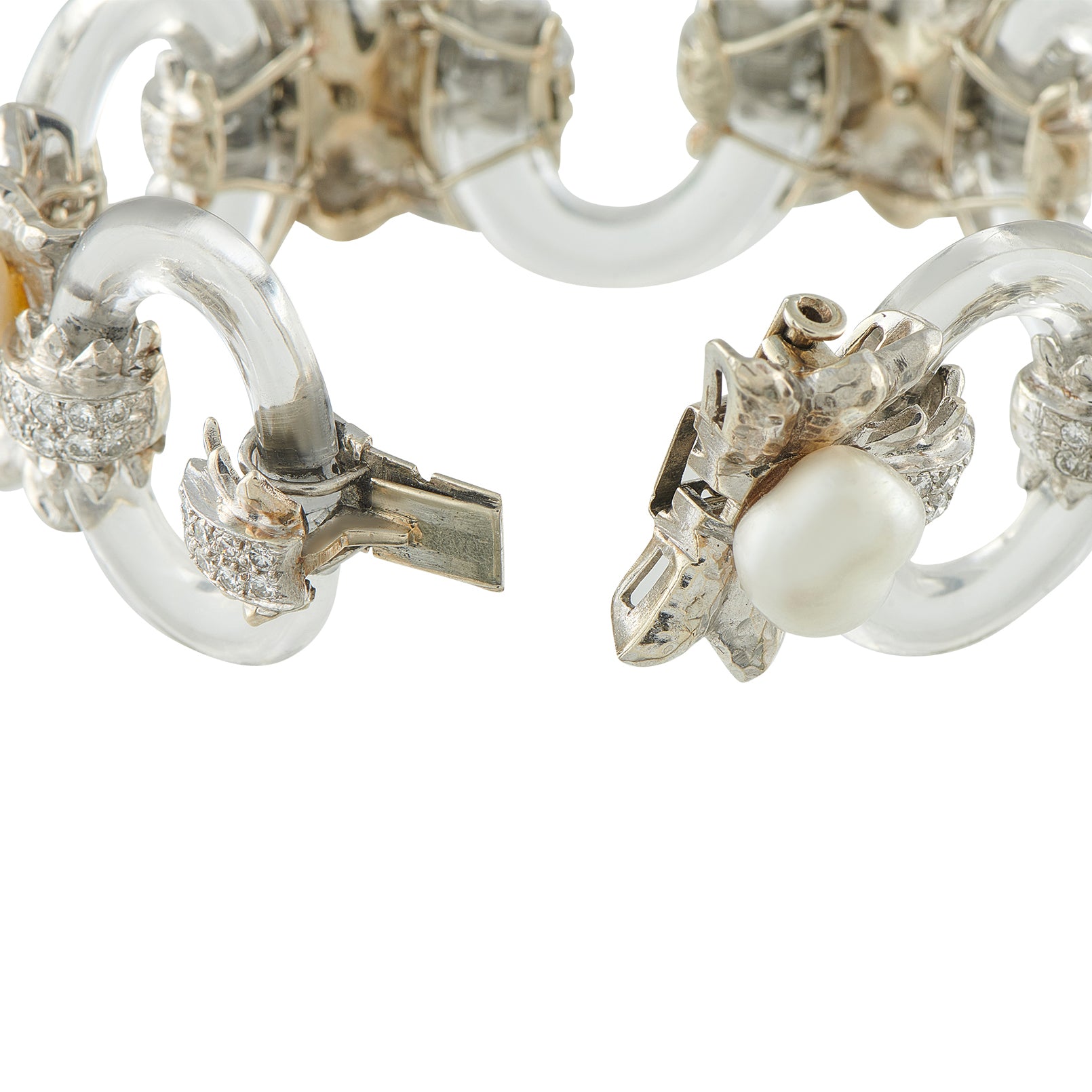 DAVID WEBB 18K White Gold and Platinum Rock Crystal and Pearl Bracelet