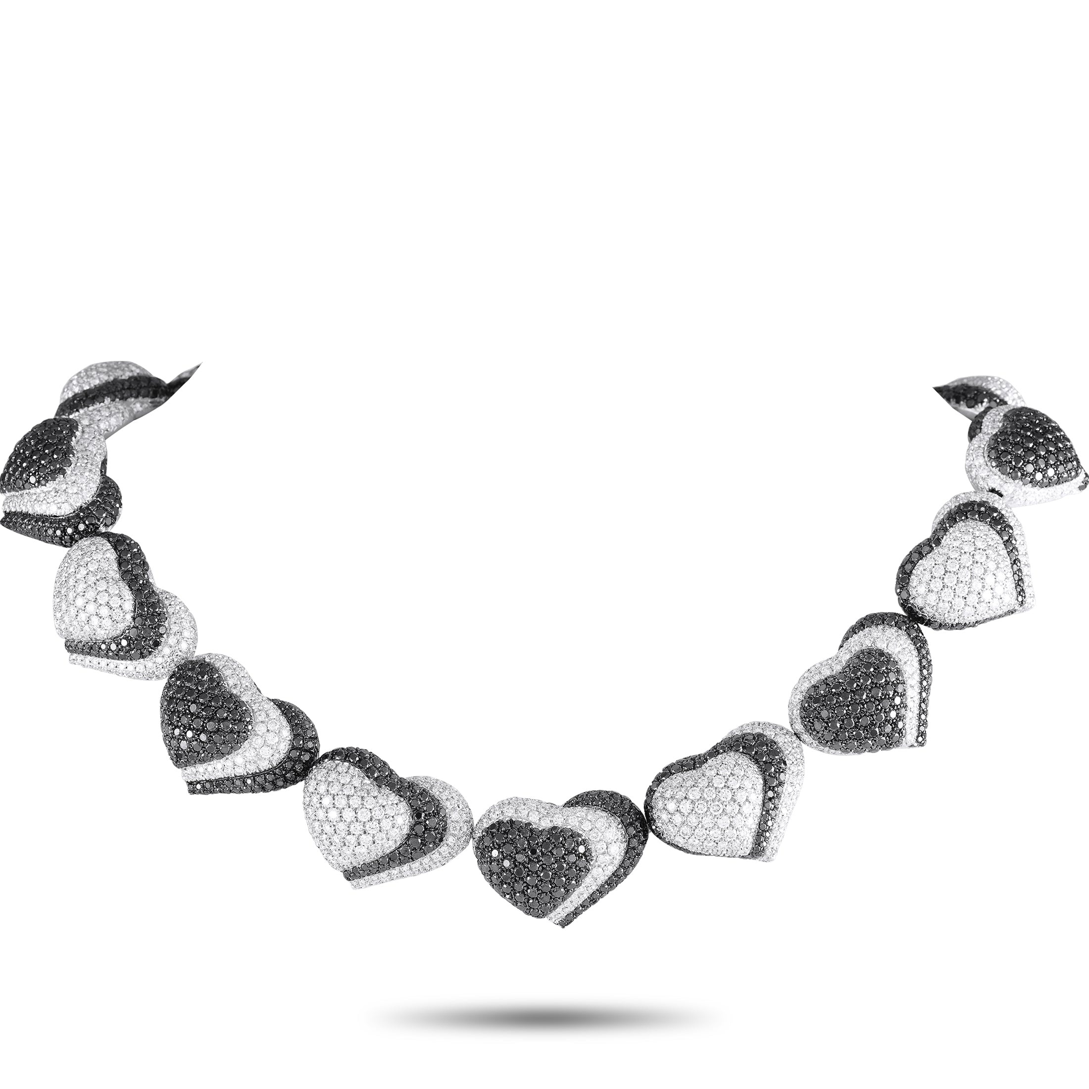 de Grisogono 18K White Gold 57.56ct Diamond Black and White Hearts Necklace – Here is a daring creation of Swiss luxury jewel