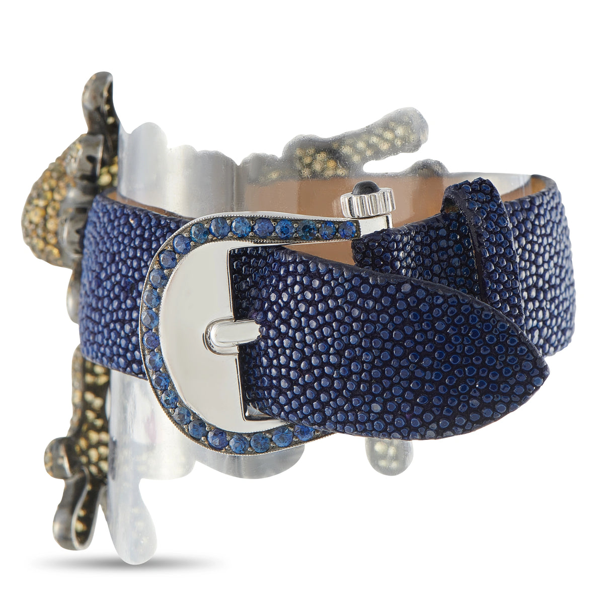 Blue textured strap frog bracelet with metal clasp and gold-toned accents