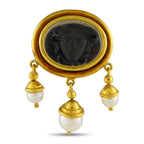Elizabeth Locke18K Yellow Gold and Pearl Intaglio Medusa Brooch — Here is a handmade neoclassical brooch in 18K yellow gold f