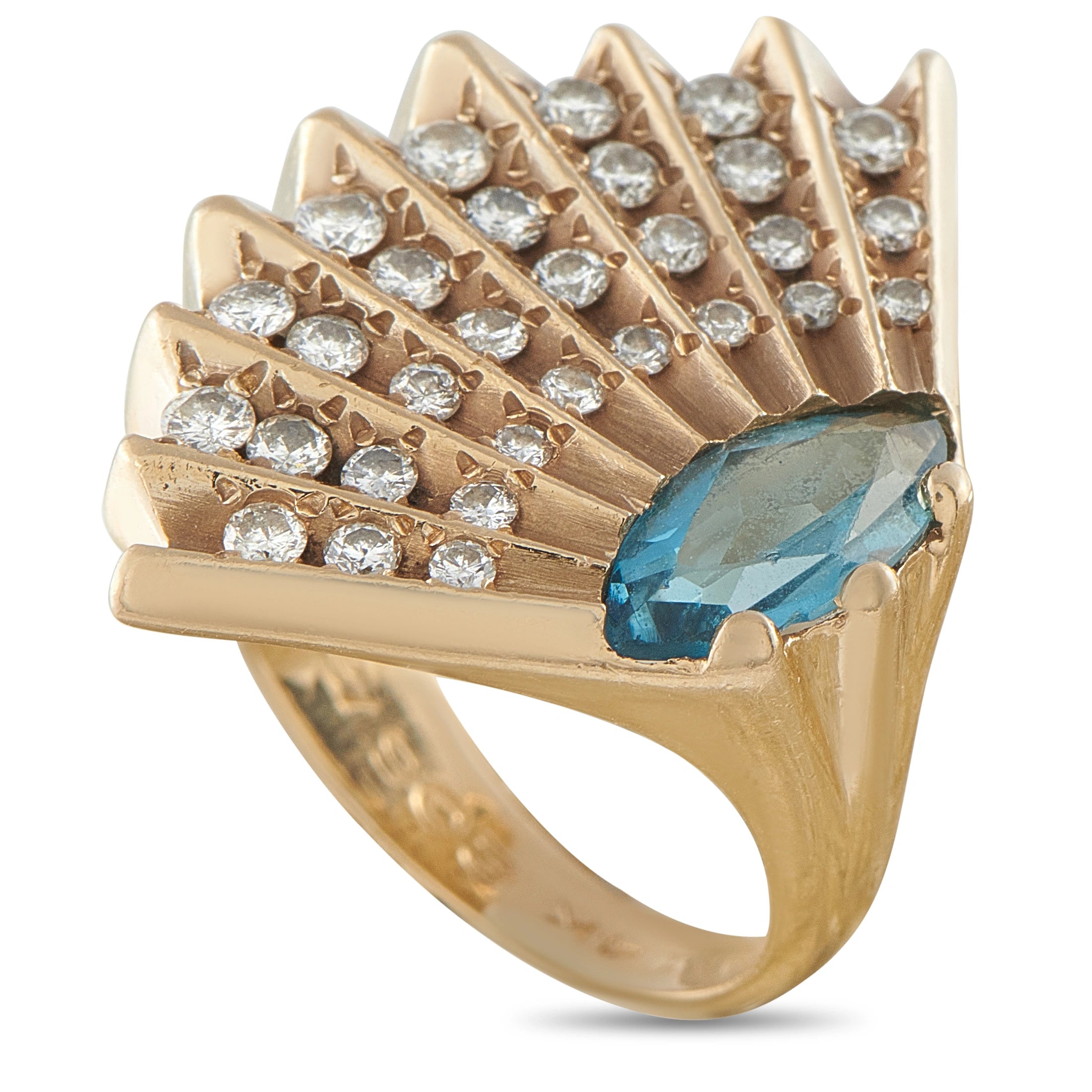 14K yellow gold cocktail ring with blue topaz and diamond row prongs