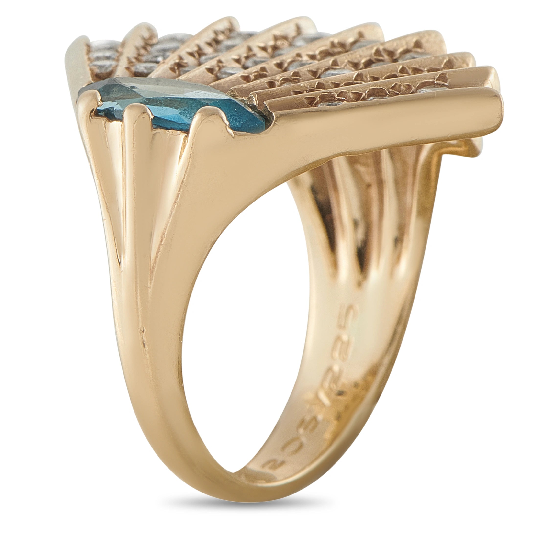14K yellow gold topaz cocktail ring with blue center stone and diamond accents