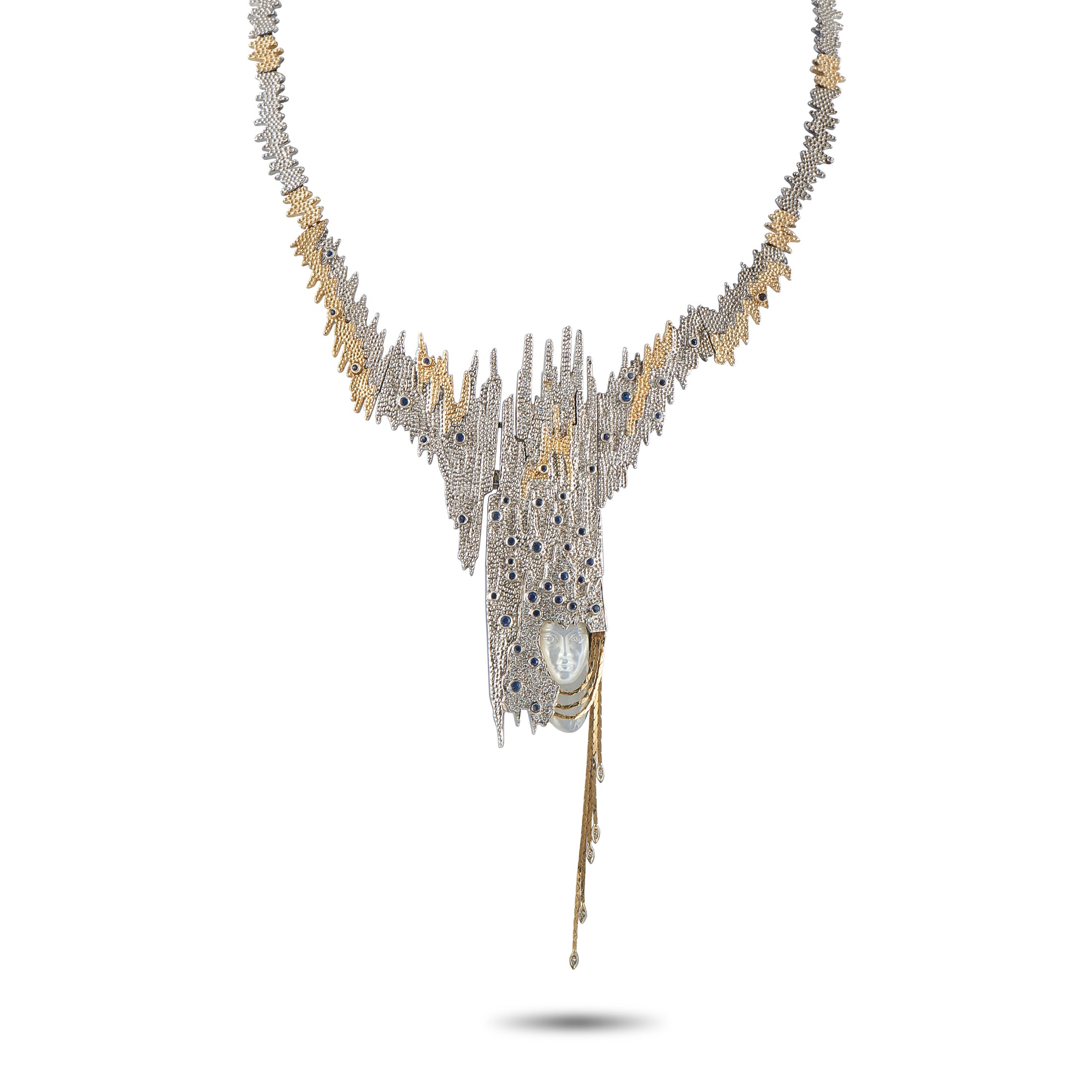 Erte14K Yellow Gold and Silver  Diamond and Sapphire Necklace – This opulent Erte necklace exemplifies the glamour and sophis