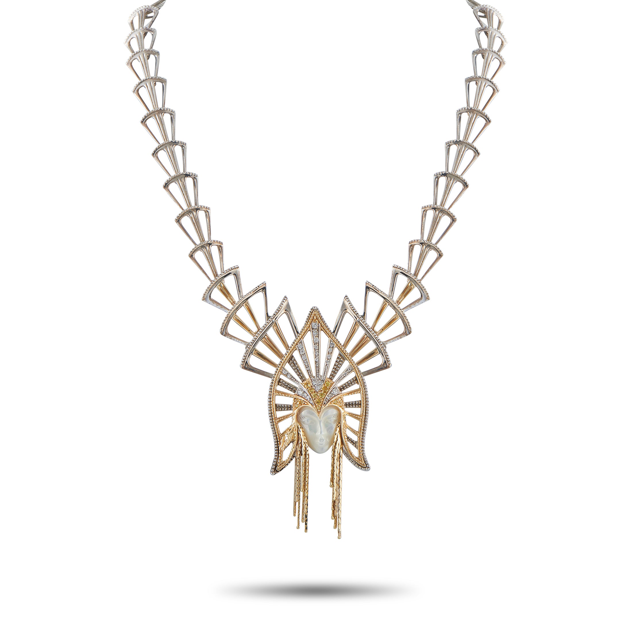 Erte14K Yellow Gold, Silver Mother of Pearl Necklace – A regal female figure makes a statement at the center of this Erte nec