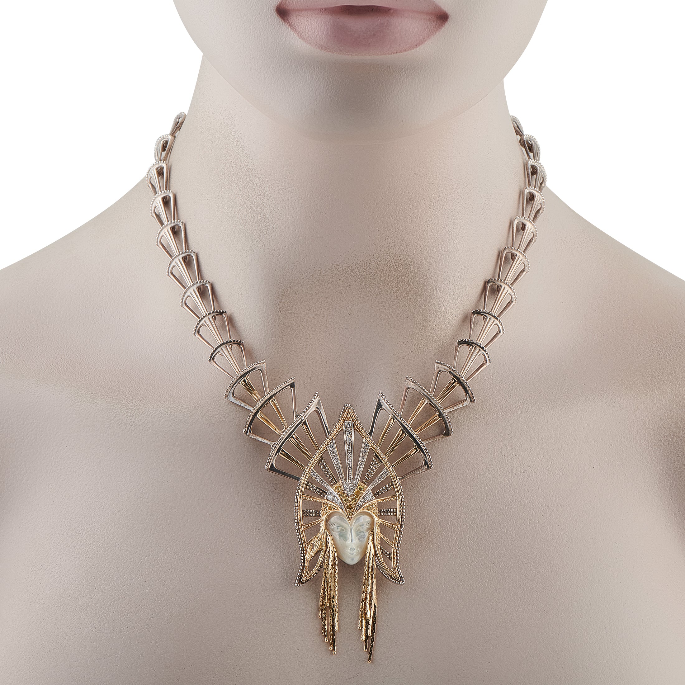 Erte 14K Yellow Gold, Silver Mother of Pearl Necklace