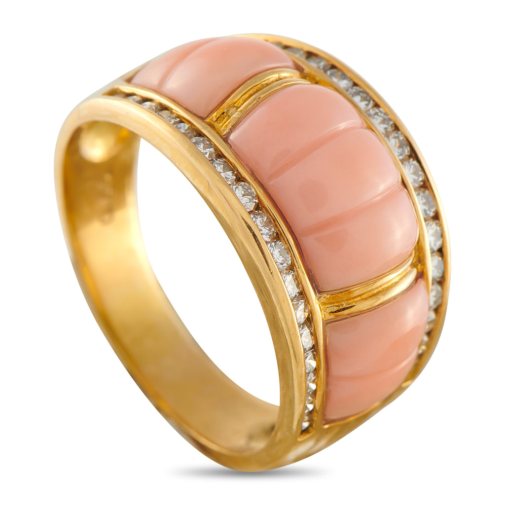 18K Yellow Gold 0.55ct Diamond and Coral Ring