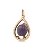Rose gold teardrop bird pendant with purple carved amethyst gemstone centerpiece