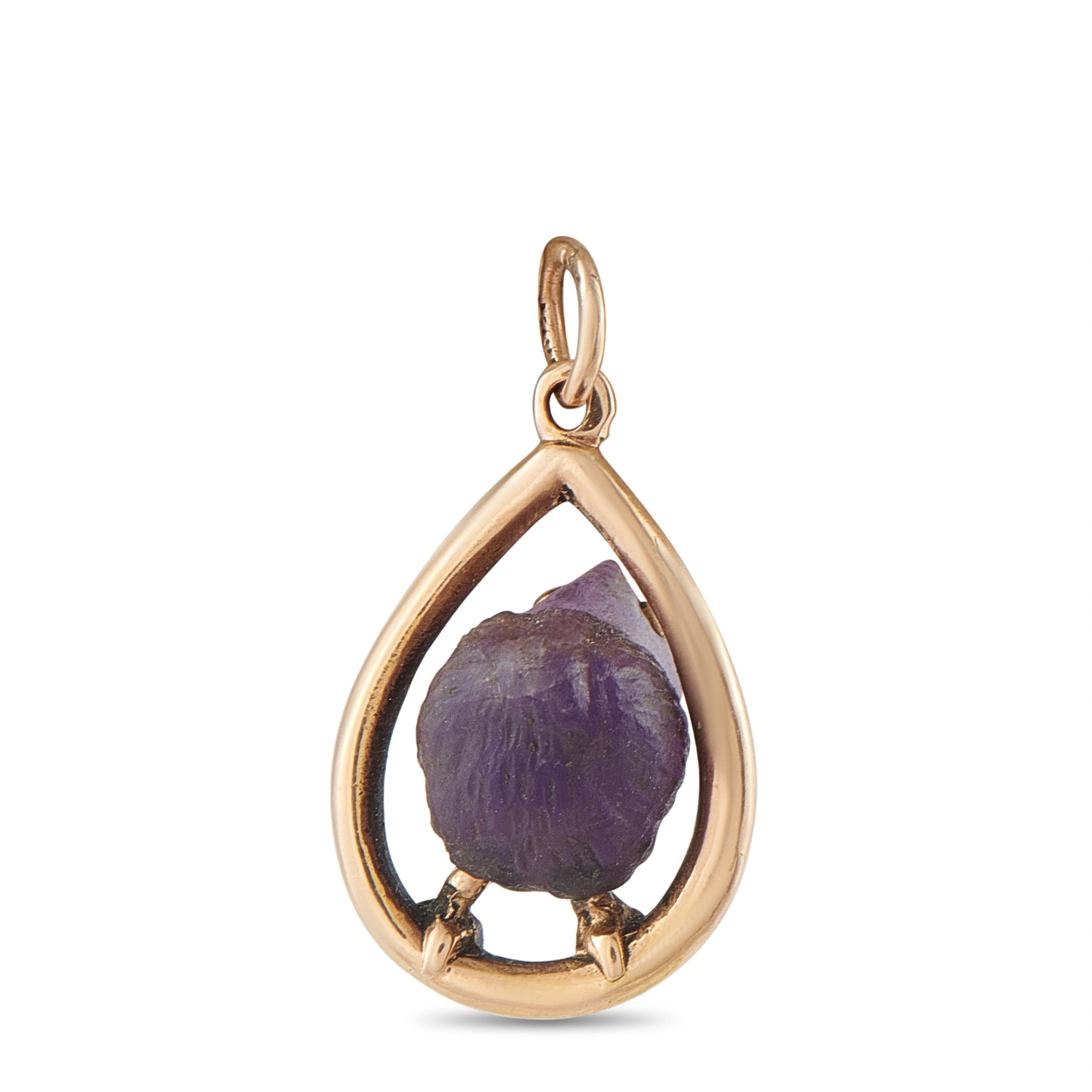 Rose gold teardrop bird pendant with purple carved amethyst gemstone centerpiece