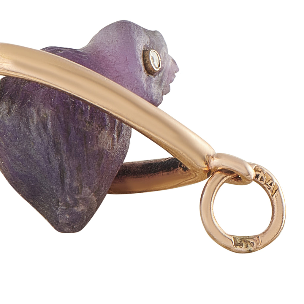 Carved purple amethyst bird detail in rose gold teardrop pendant with bail