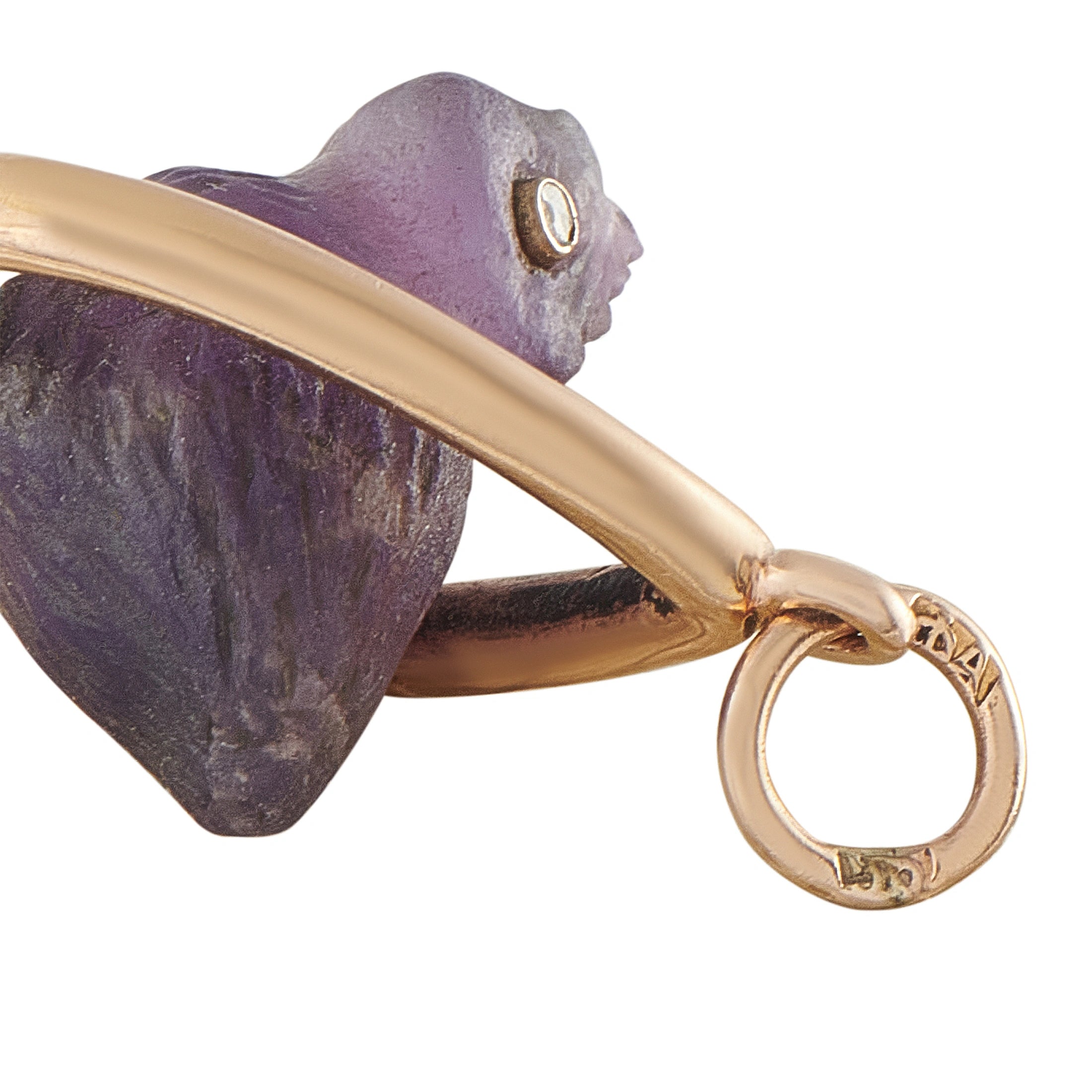 Carved purple amethyst bird detail in rose gold teardrop pendant with bail