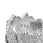 White gold diamond crossover ring close-up of FRED engraving and inner metal