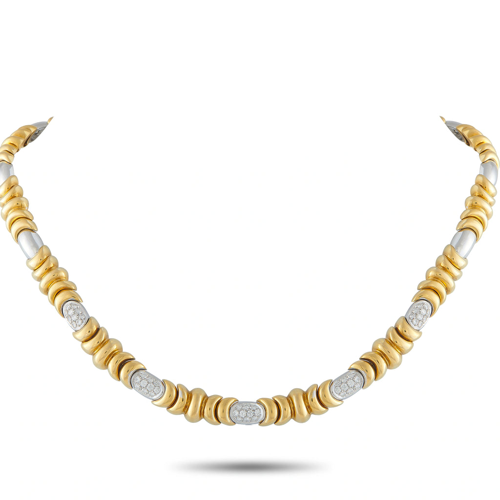 18K yellow gold diamond necklace with round pave diamond stations, scalloped links