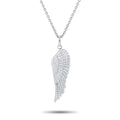 18K white gold diamond wing pendant on chain, detailed textured wing design