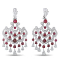 Chandelier earrings in white gold with red rubies and diamond accents, dangling drops