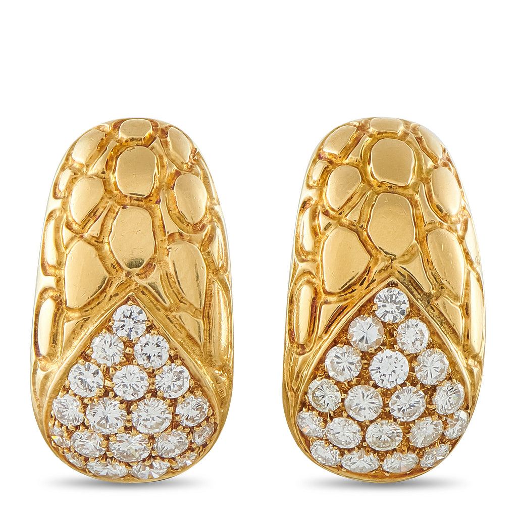 Gucci gold oval earrings with textured finish and round diamond cluster studs